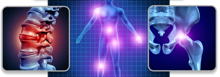 Chiropractic Wasilla AK Services A 3-D scan of a body with close-up scans of the spine and hip, which are both highlighted in pain